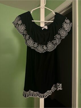 Marshalls Black Off-Shoulder Tunic with White Embroidery